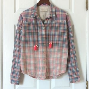 Maison Scotch Pastel Plaid Ombre Long Sleeve Button Down Shirt Blue Pink 2